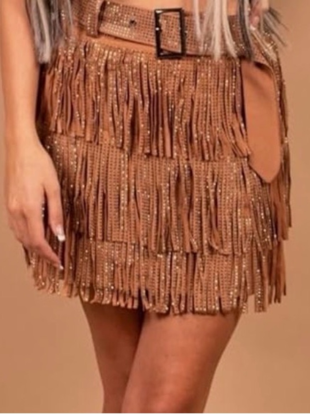 Embellished Fringe Mini Skirt in Brown with Matching Belt - Picture 4 of 4